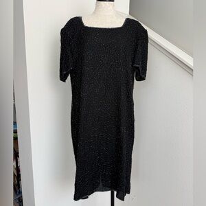 NWT Vintage Silk Beaded Embroidered Sequin Glitter Black Dress JMD 1X XL